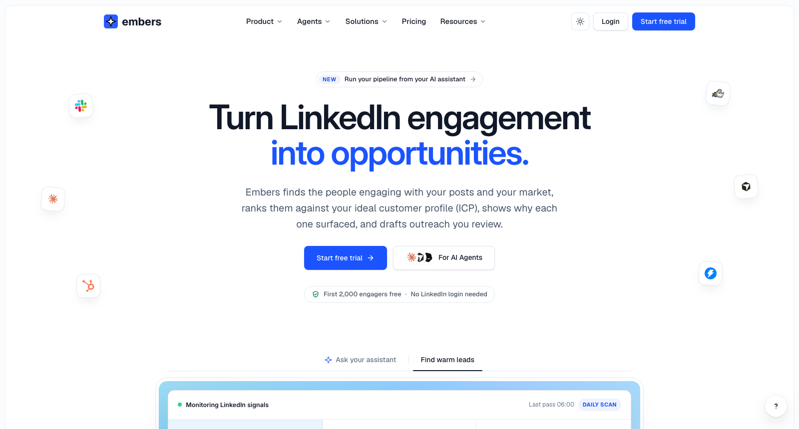 The Embers homepage, headlined Turn LinkedIn engagement into opportunities, above a strip reading First 2,000 engagers free and No LinkedIn login needed.