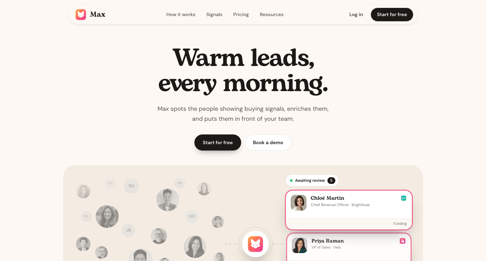 The Max homepage, headlined Warm leads, every morning, above a review queue showing leads awaiting review, one tagged Funding.