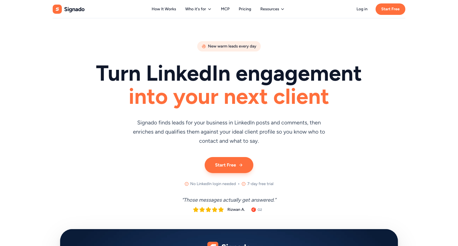 The Signado homepage, headlined Turn LinkedIn engagement into your next client, above a Start Free button and the notes No LinkedIn login needed and 7-day free trial.