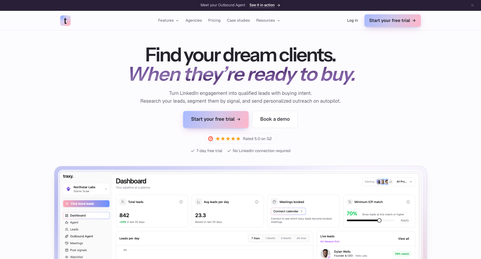 The Traxy homepage, headlined Find your dream clients, When they are ready to buy, above a dashboard showing total leads, meetings booked and a minimum ICP match slider.