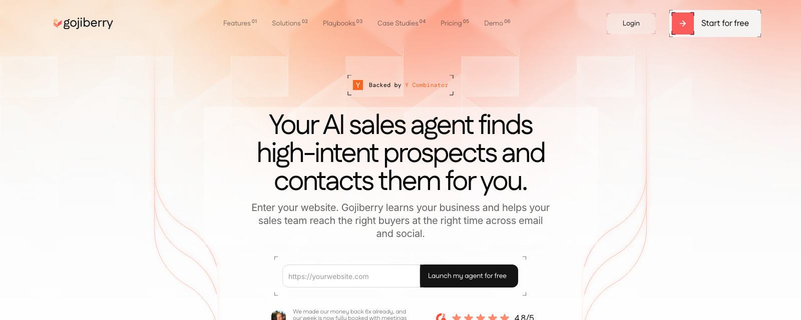 The Gojiberry homepage, headlined Your AI sales agent finds high-intent prospects and contacts them for you, above a field asking for your website.