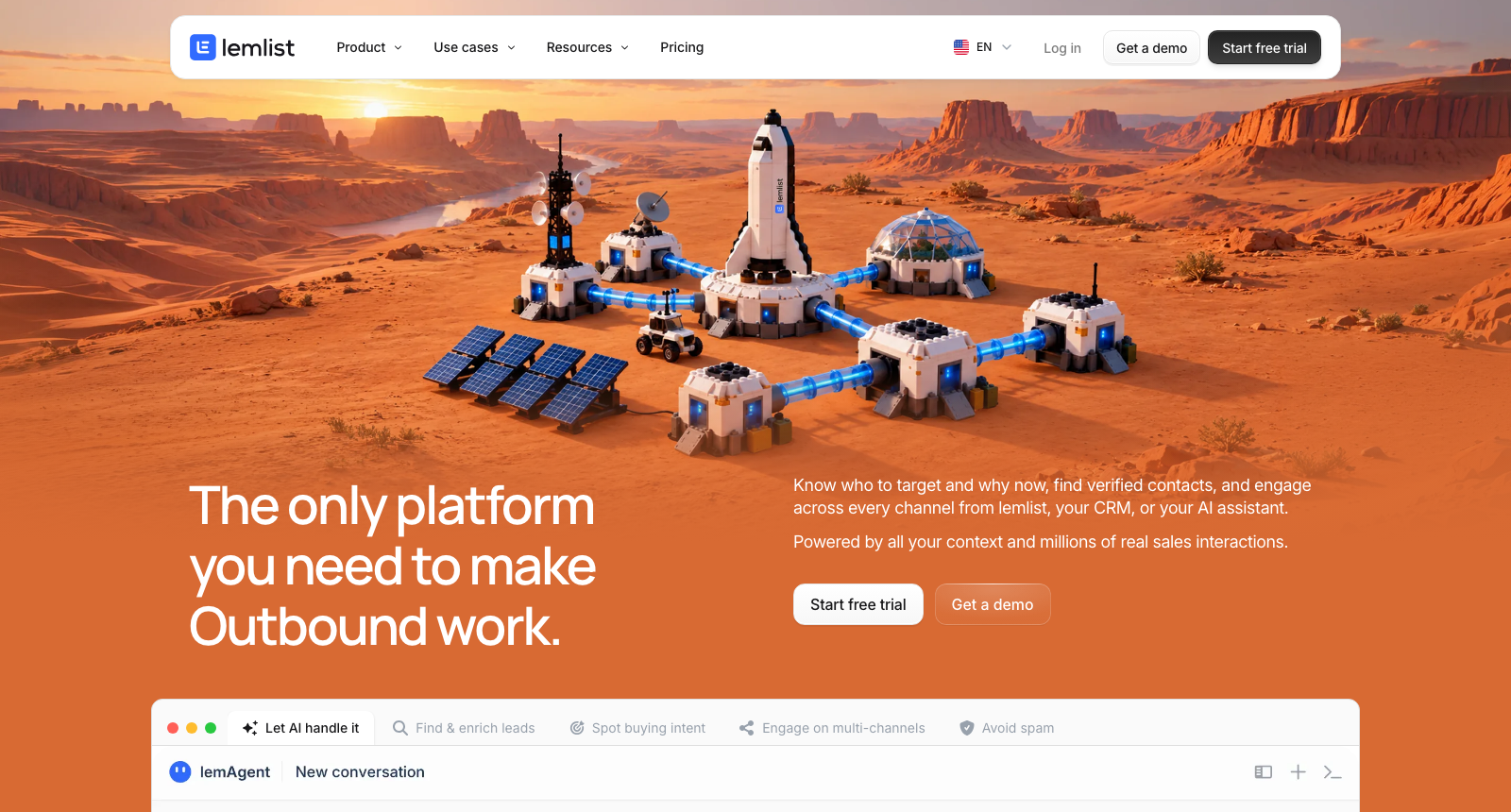 The lemlist homepage, headlined The only platform you need to make Outbound work, above an AI assistant panel.