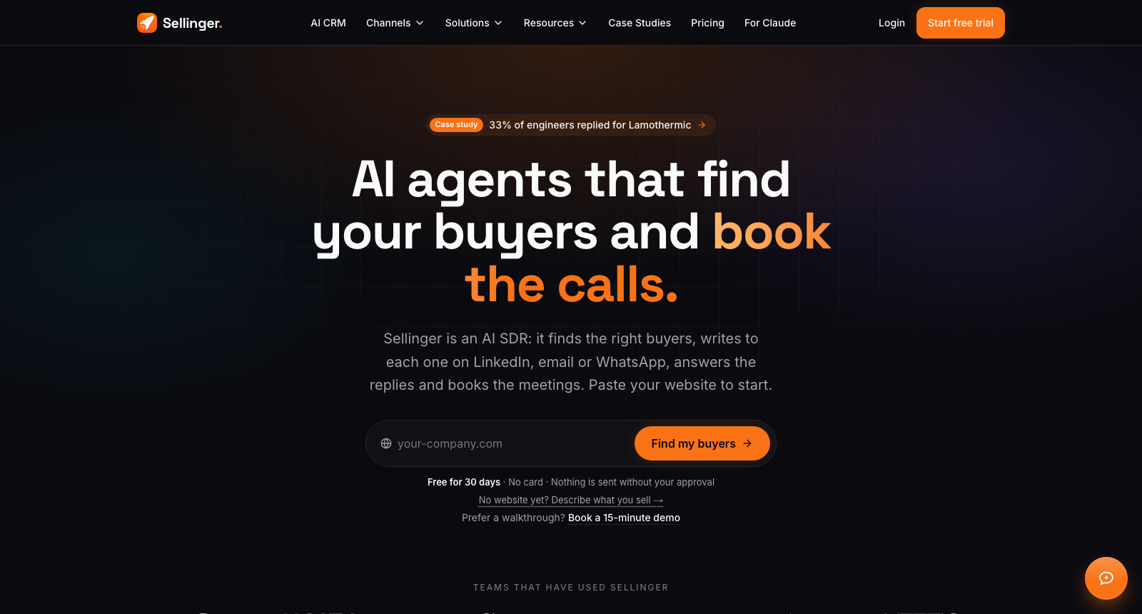 The Sellinger homepage, headlined AI agents that find your buyers and book the calls, above a field for your company website and the note Free for 30 days, no card.