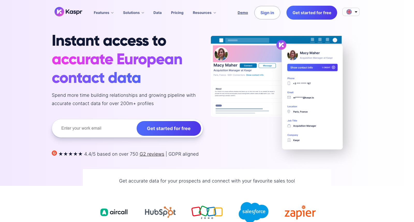 The Kaspr homepage, headlined Instant access to accurate European contact data, beside a LinkedIn profile with a Kaspr panel showing phone, email and job title.