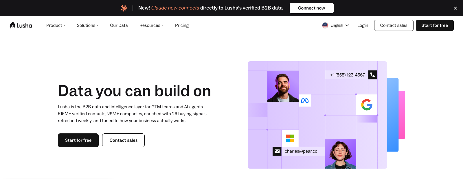 The Lusha homepage, headlined Data you can build on, describing 515M+ verified contacts and 29M+ companies enriched with 26 buying signals.