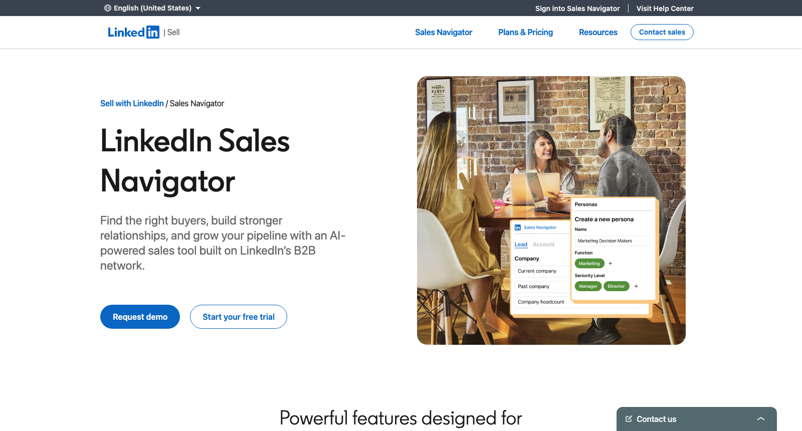 The LinkedIn Sales Navigator product page, headlined LinkedIn Sales Navigator, with buttons for Request demo and Start your free trial beside a persona builder showing function and seniority filters.
