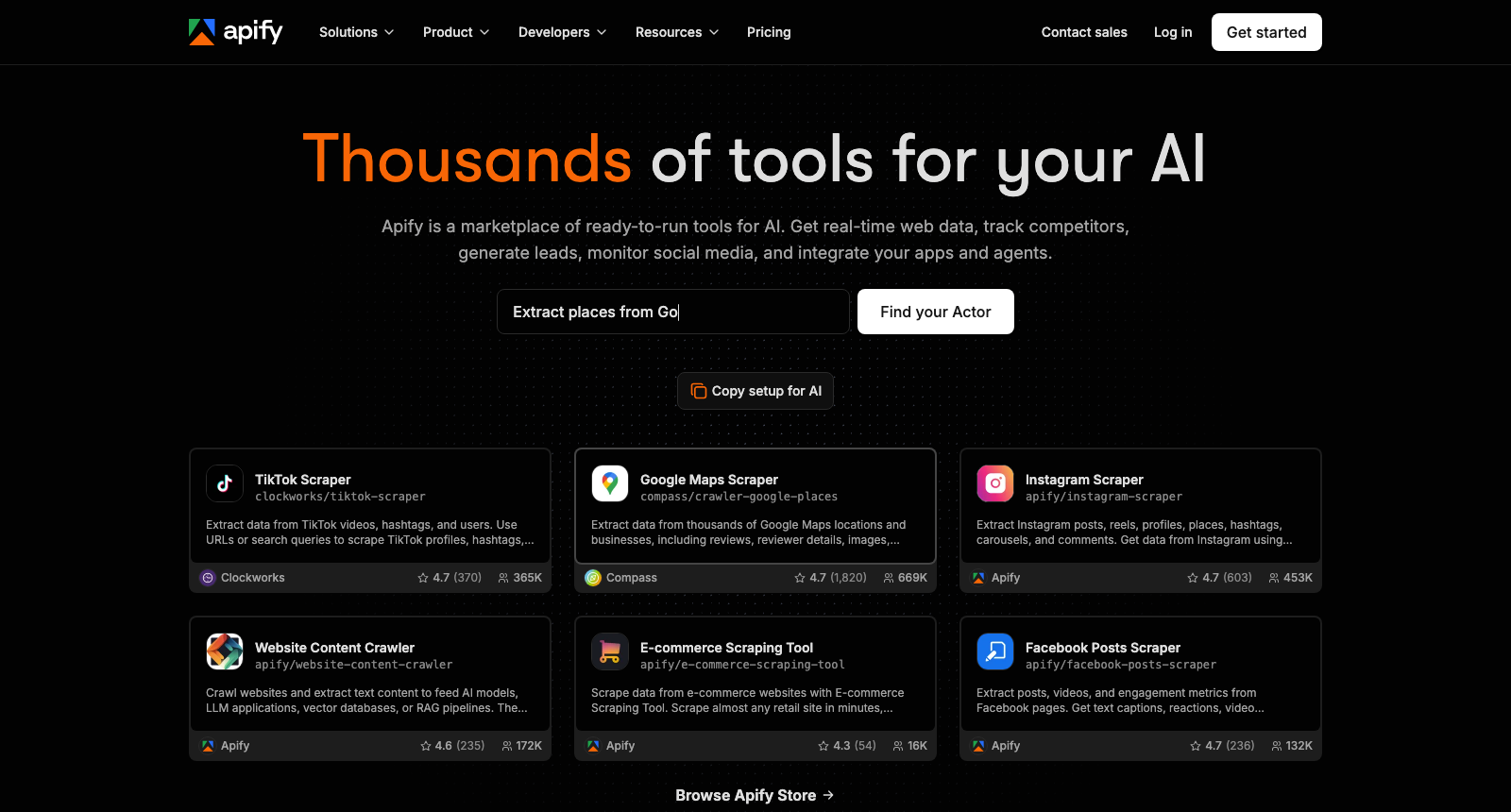 The Apify homepage, headlined Thousands of tools for your AI, above a search field and cards for popular scrapers.