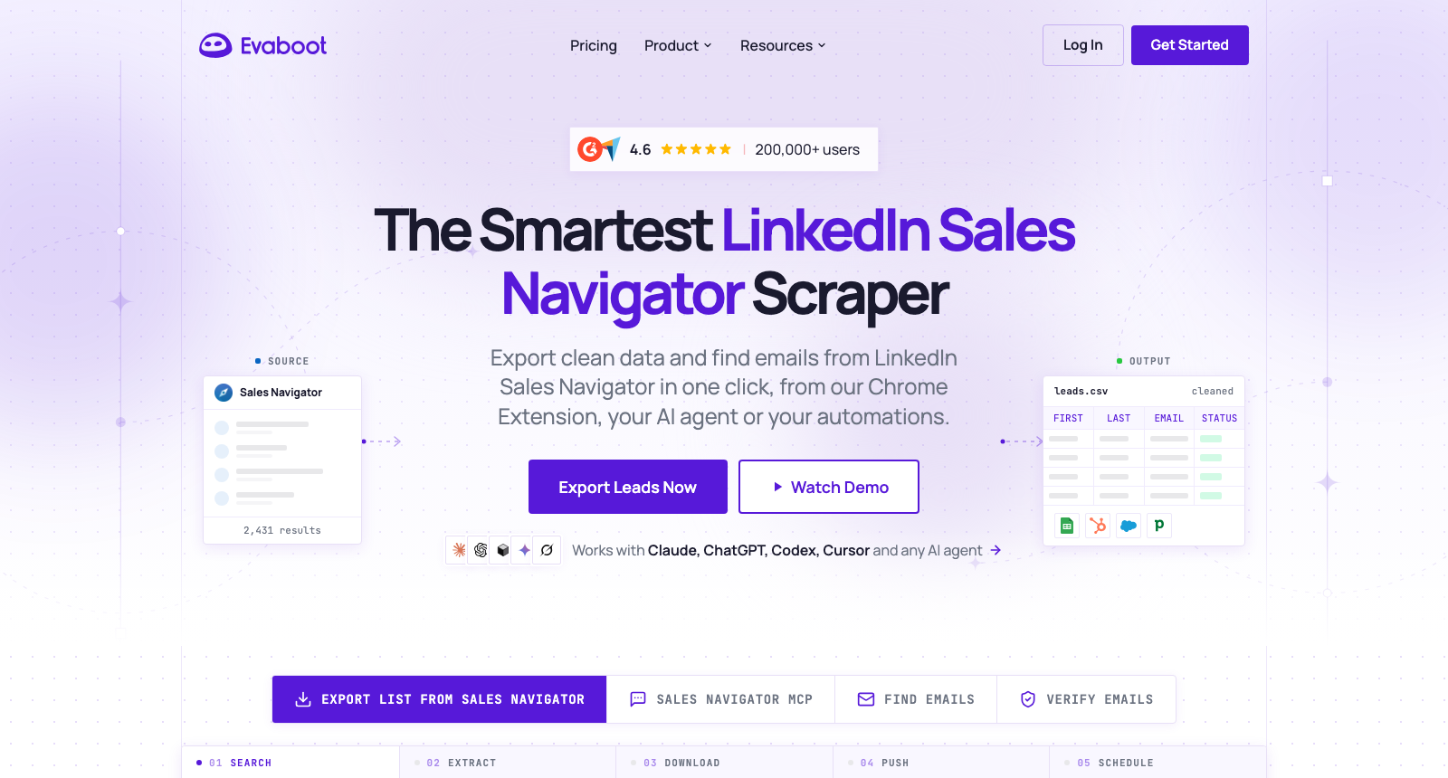 The Evaboot homepage, headlined The Smartest LinkedIn Sales Navigator Scraper, above buttons to export leads and watch a demo.