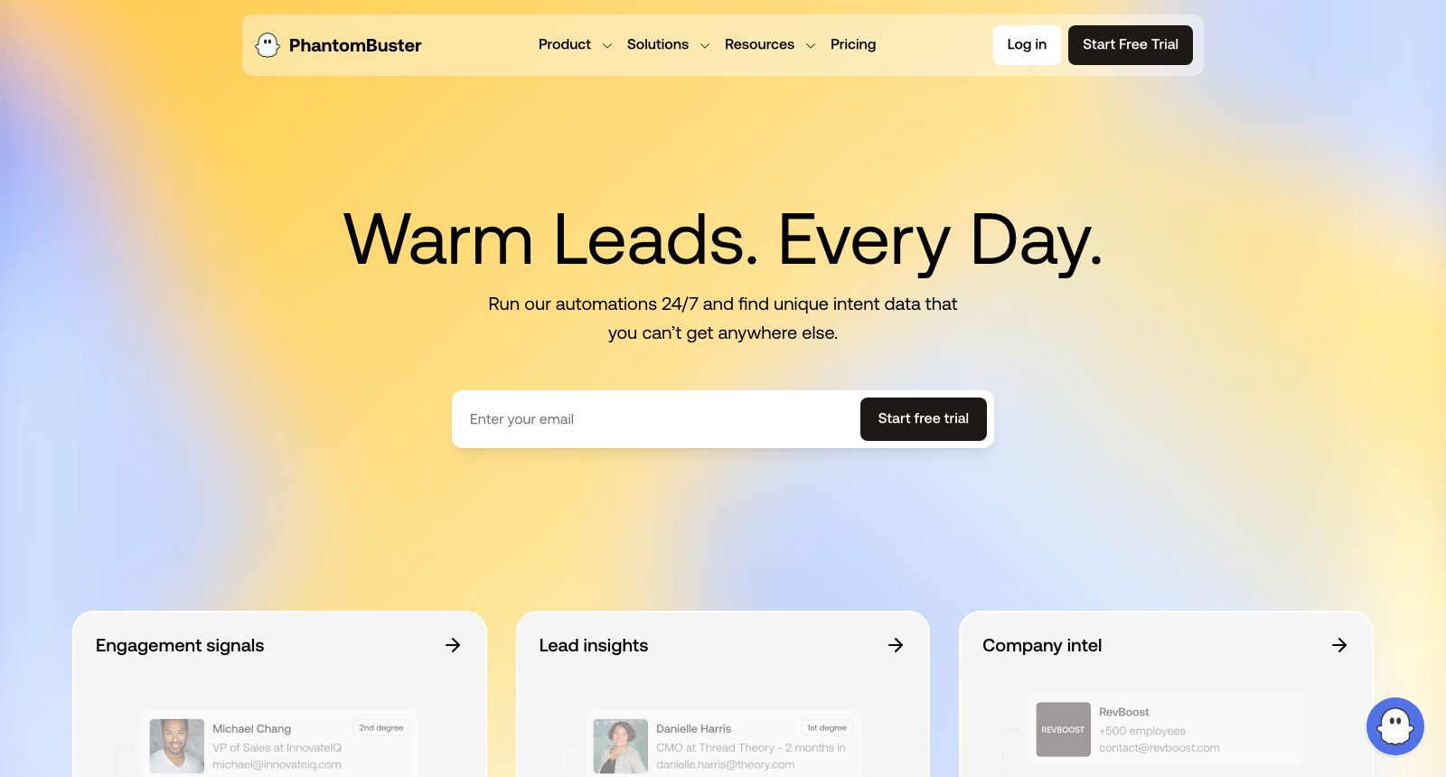 The PhantomBuster homepage, headlined Warm Leads. Every Day., above an email field and tabs for Engagement signals, Lead insights and Company intel.