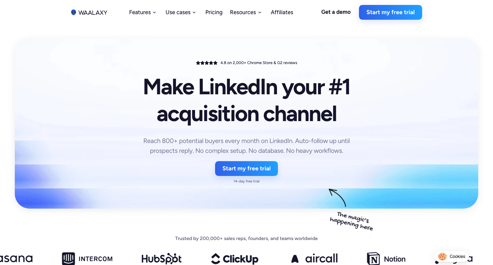 The Waalaxy homepage, headlined Make LinkedIn your #1 acquisition channel, above a Start my free trial button and a strip of customer logos.