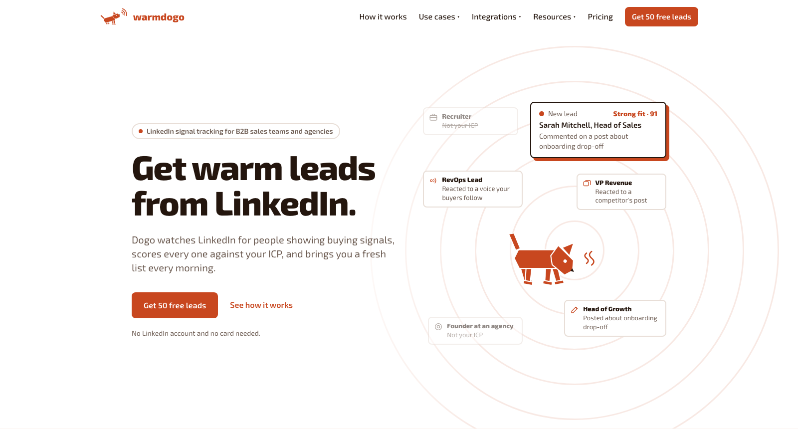 The WarmDogo homepage, headlined Get warm leads from LinkedIn, beside a sample lead card naming Sarah Mitchell, Head of Sales, and the post she commented on.