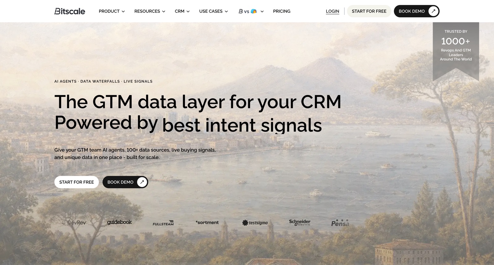 The Bitscale homepage, headlined The GTM data layer for your CRM, powered by best intent signals, over a row of customer logos.