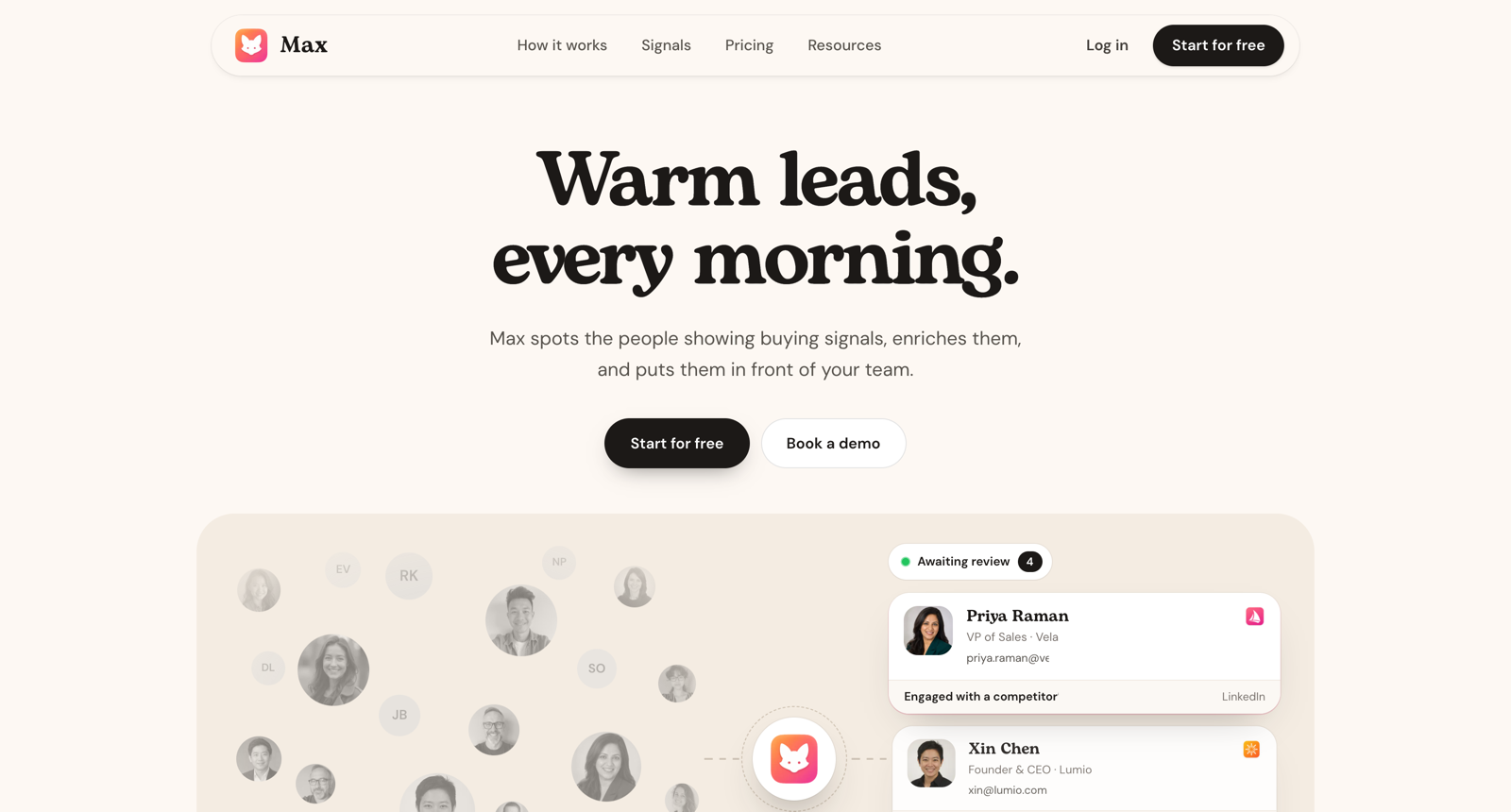 The Max homepage, headlined Warm leads, every morning, beside a review queue showing a lead marked Engaged with a competitor.