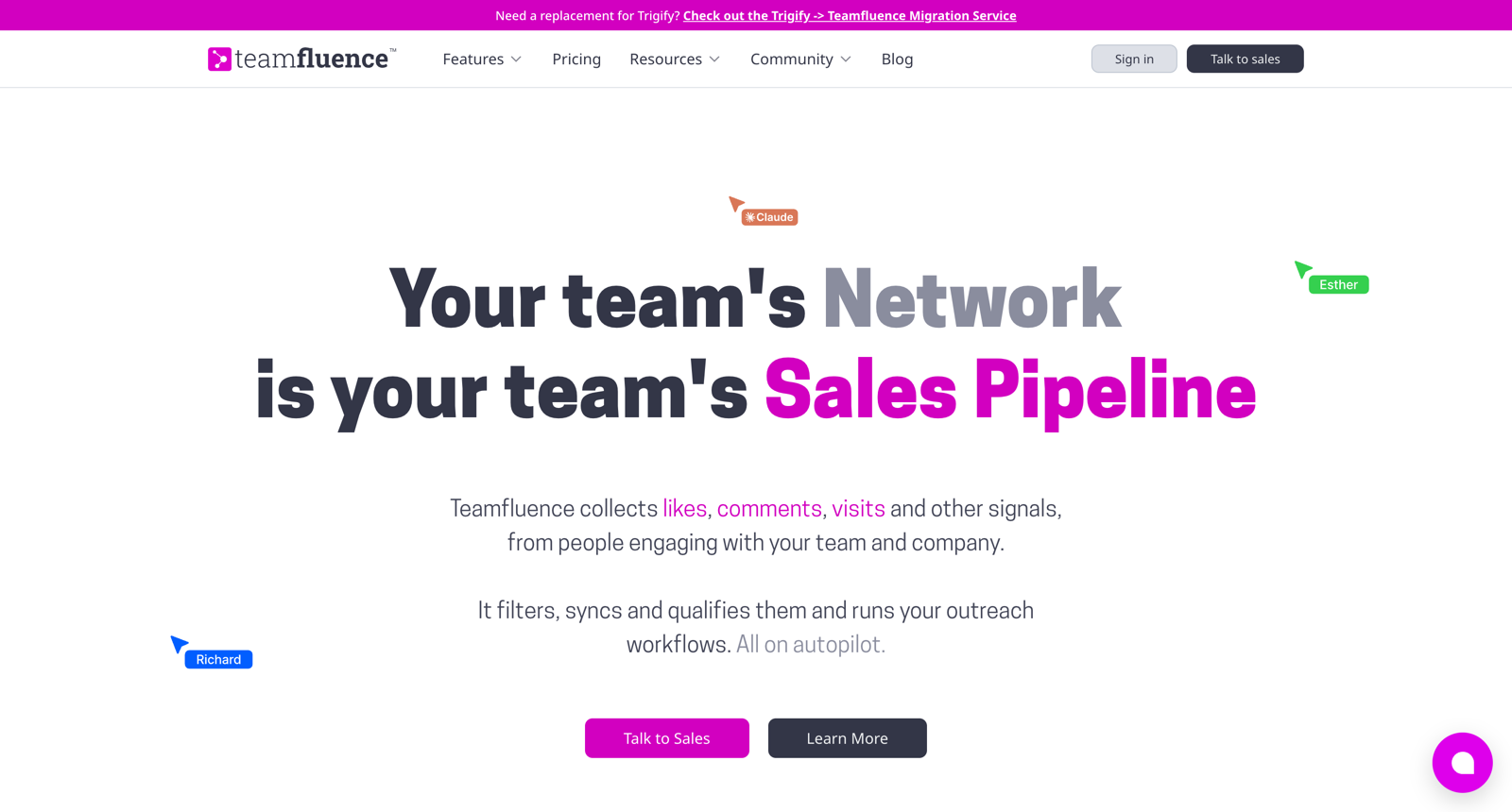 The Teamfluence homepage, headlined Your team's Network is your team's Sales Pipeline, with a banner offering a Trigify to Teamfluence migration service.