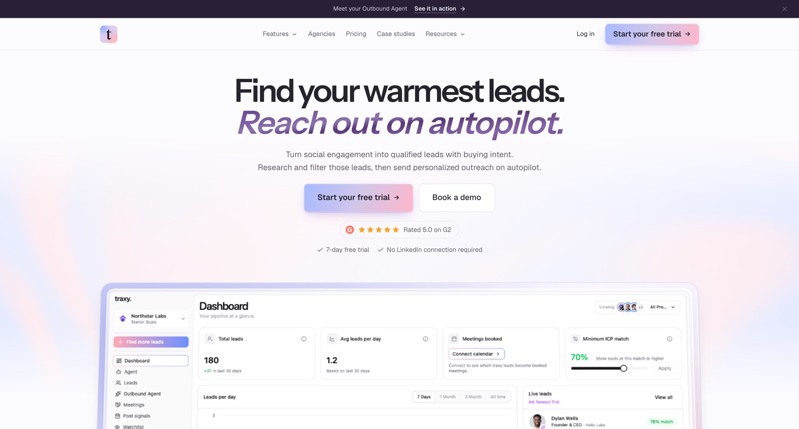 The Traxy homepage, headlined Find your warmest leads, Reach out on autopilot, above a dashboard showing total leads and an ICP match slider.