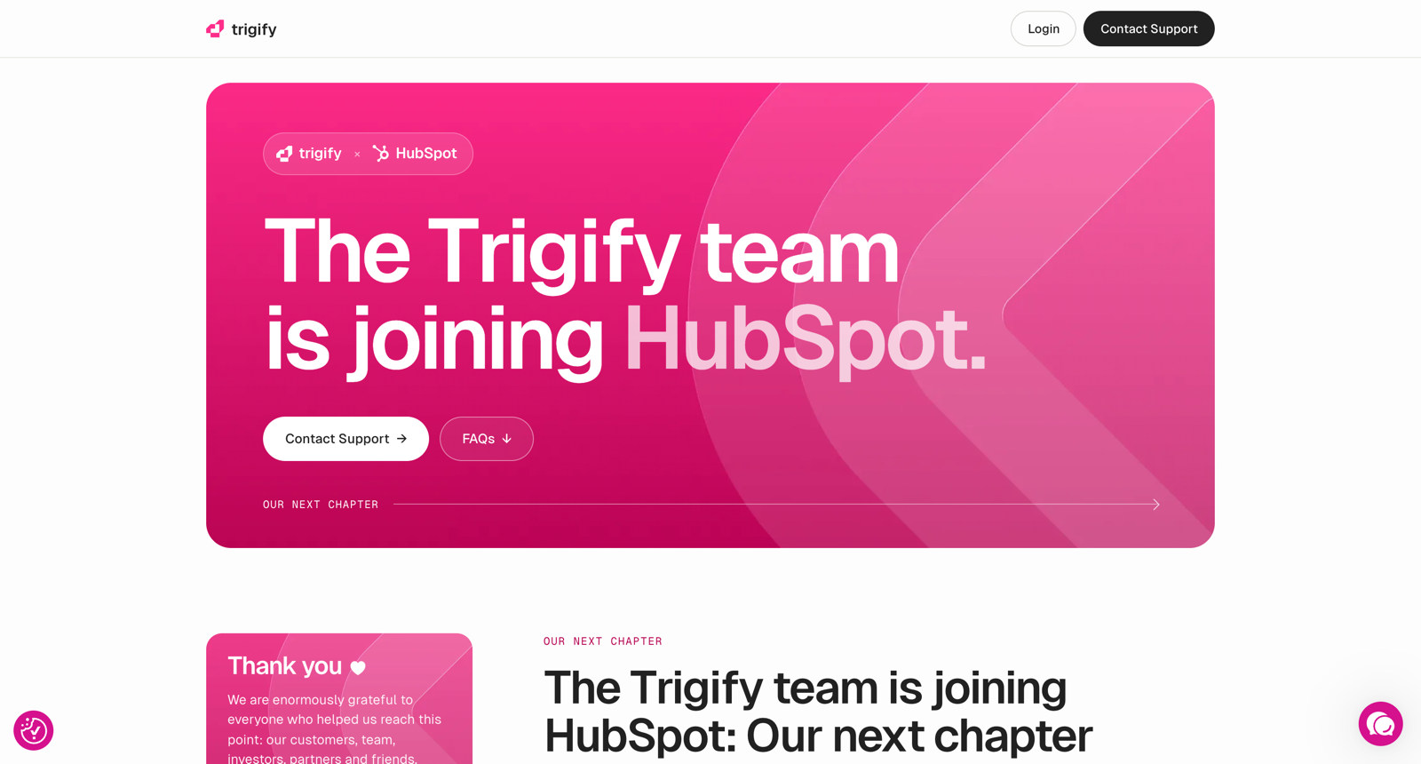 The Trigify homepage, now a single announcement headlined The Trigify team is joining HubSpot, with buttons for Contact Support and FAQs.