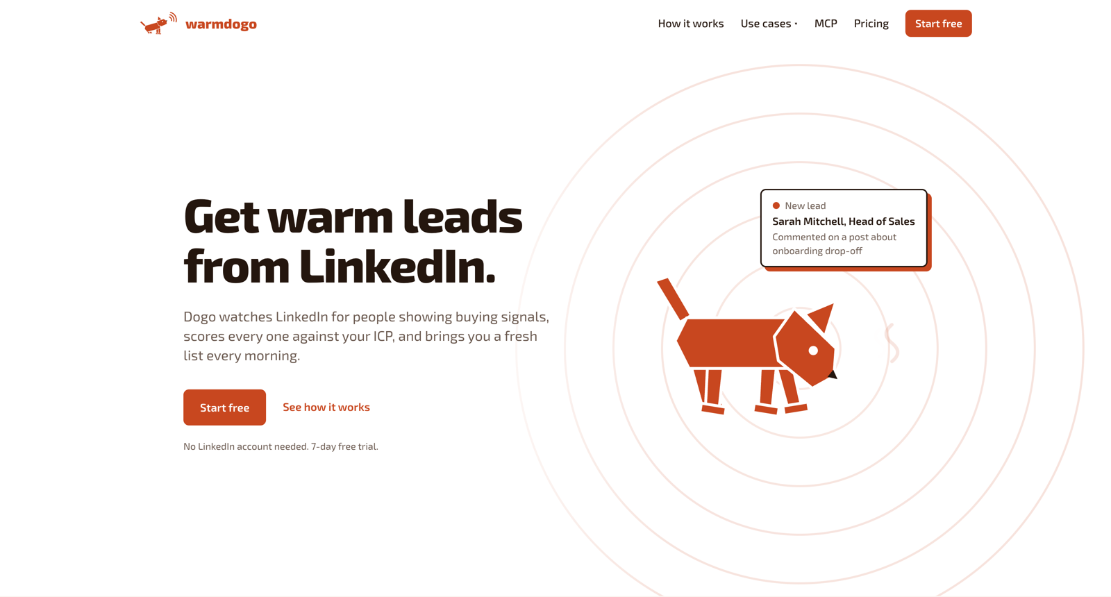 The WarmDogo homepage, headlined Get warm leads from LinkedIn, beside a sample lead card naming Sarah Mitchell, Head of Sales, and the post she commented on.