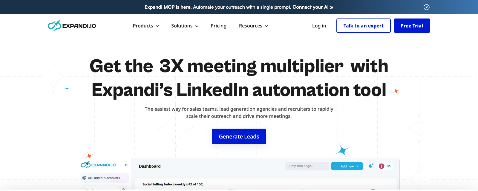The Expandi homepage, headlined Get the 3X meeting multiplier with Expandi's LinkedIn automation tool, above a Generate Leads button.