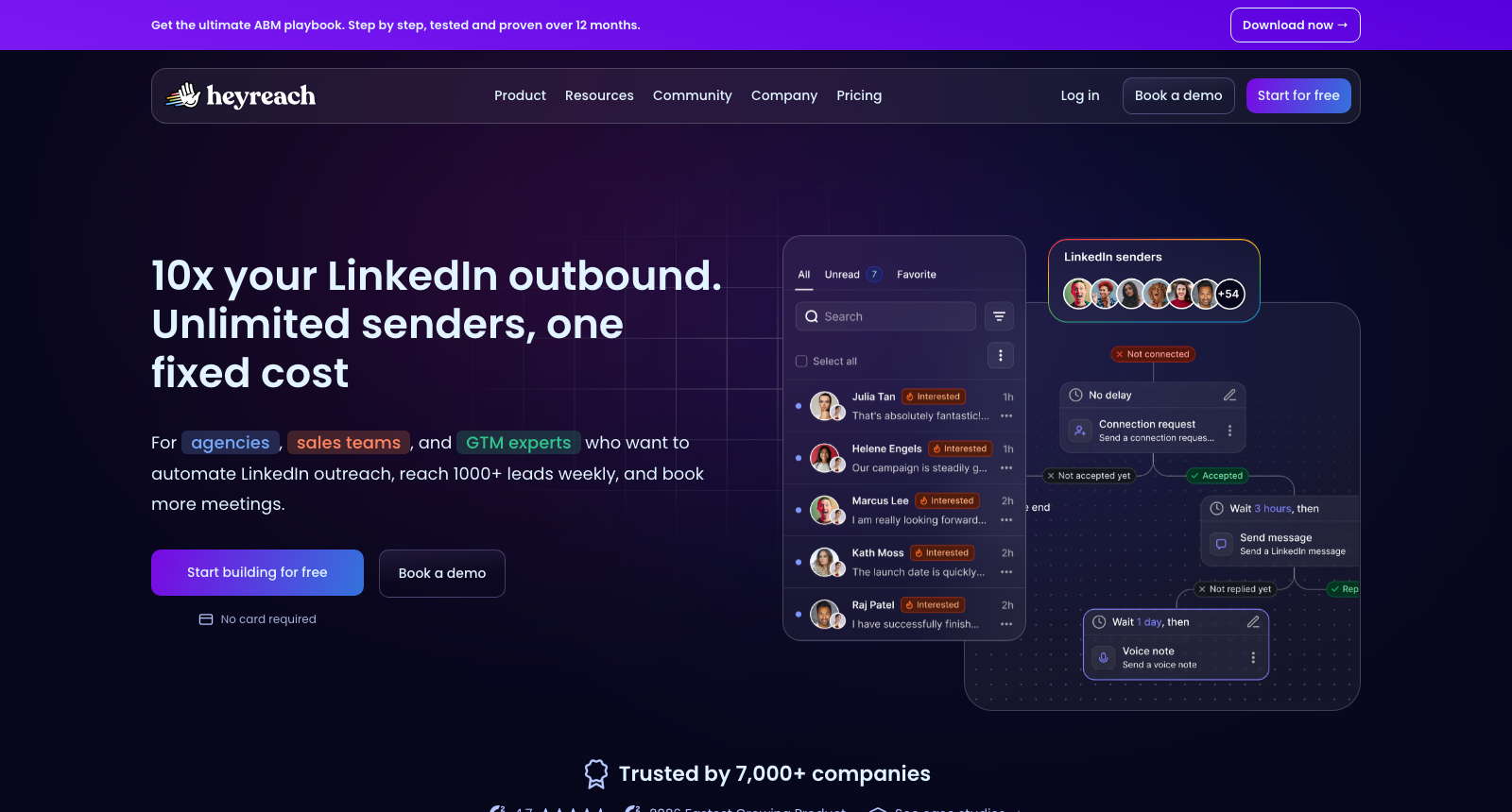 The HeyReach homepage, headlined 10x your LinkedIn outbound. Unlimited senders, one fixed cost, beside a unified inbox of LinkedIn conversations.