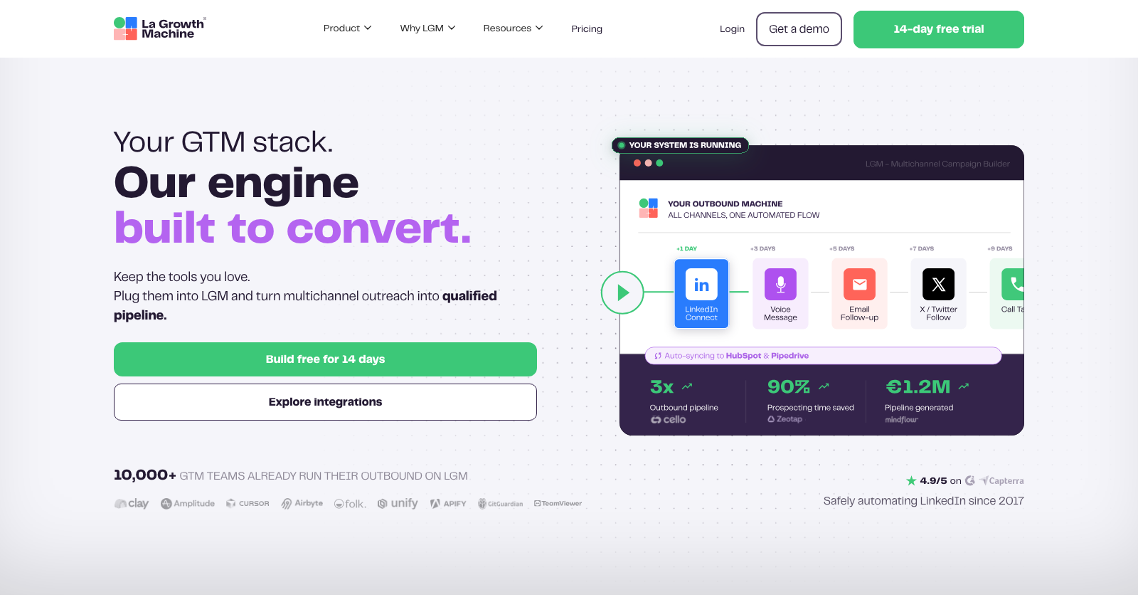 The La Growth Machine homepage, headlined Your GTM stack, beside a sequence moving from a LinkedIn invite to a voice message, an email follow-up and an X follow.