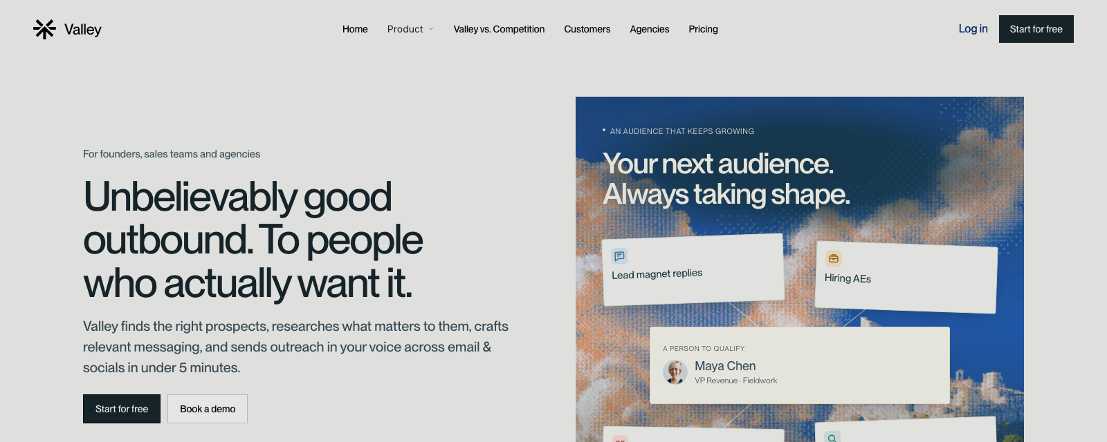 The Valley homepage, headlined Unbelievably good outbound. To people who actually want it., beside cards for lead magnet replies, hiring AEs, competitor complaints and keyword engagement.