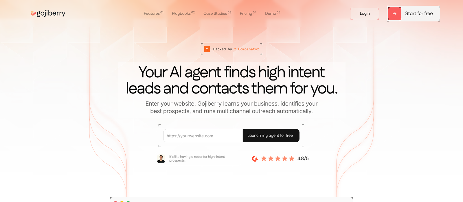 The Gojiberry homepage, headlined Your AI agent finds high intent leads and contacts them for you, with a website field and a Y Combinator badge.