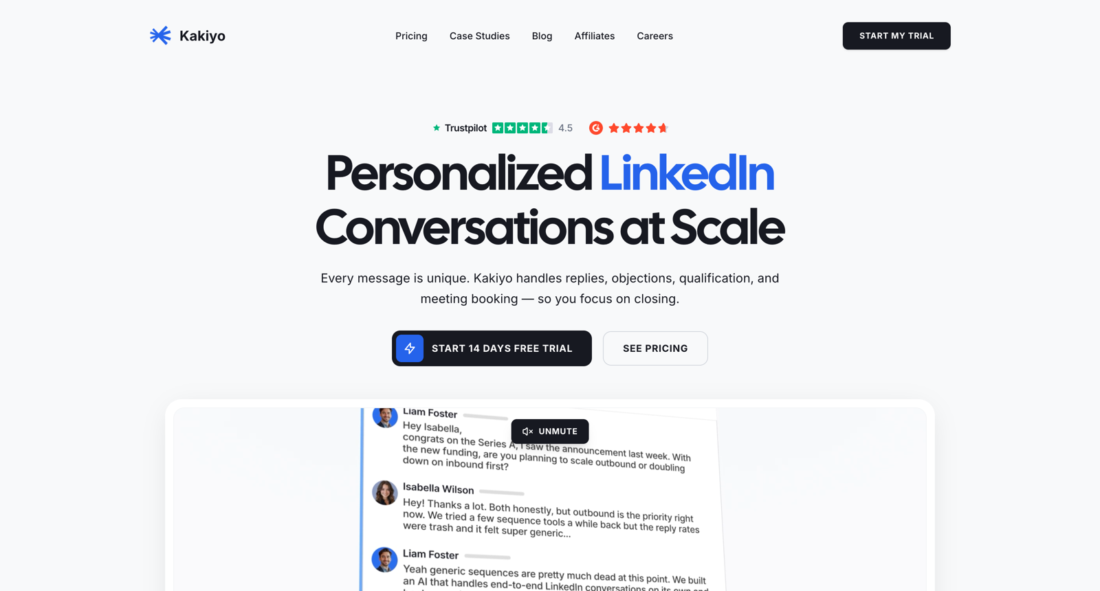 The Kakiyo homepage, headlined Personalized LinkedIn Conversations at Scale, above a sample thread where its agent answers a prospect reply.