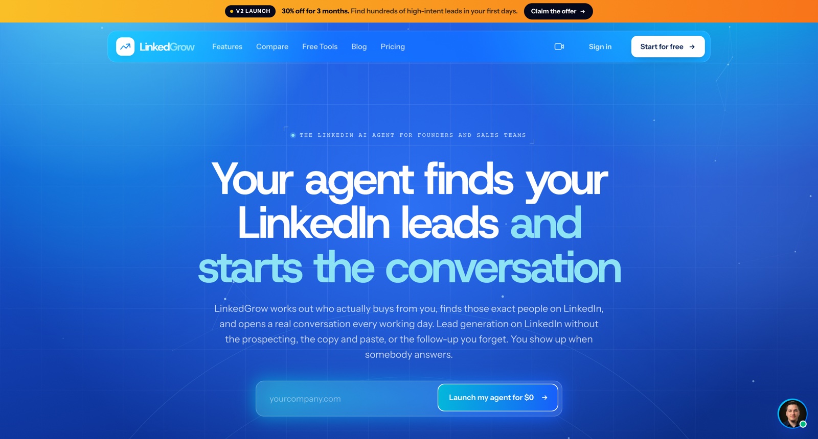 The LinkedGrow homepage, headlined Your agent finds your LinkedIn leads and starts the conversation, with a field for your company URL.