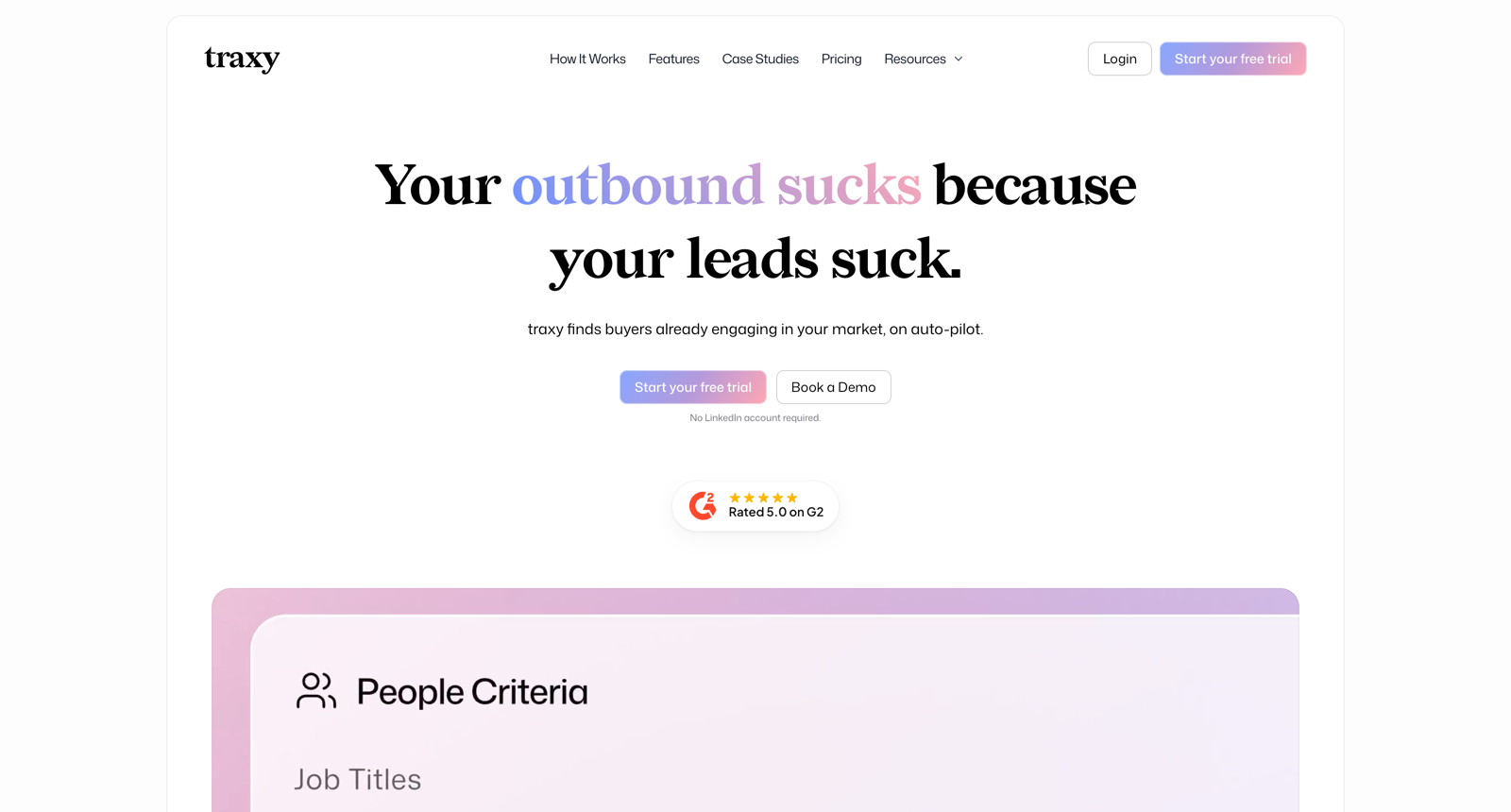 The Traxy homepage, headlined Your outbound sucks because your leads suck, with a line underneath saying no LinkedIn account is required.