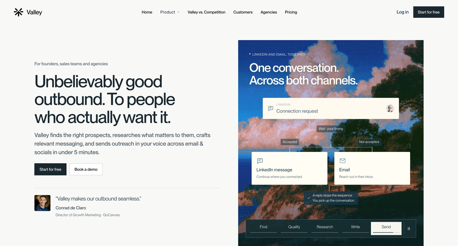 The Valley homepage, headlined Unbelievably good outbound, to people who actually want it, beside a panel showing its find, qualify, research, write and send stages.